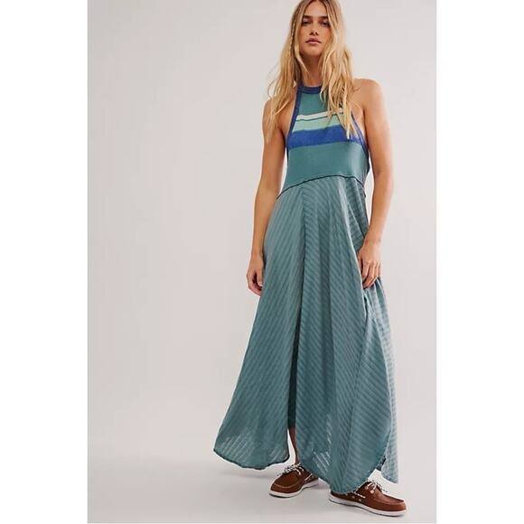 Free People Surf's Up Maxi Dress in Ocean Combo Retro 70s Bohemian Beach Small - Picture 13 of 14